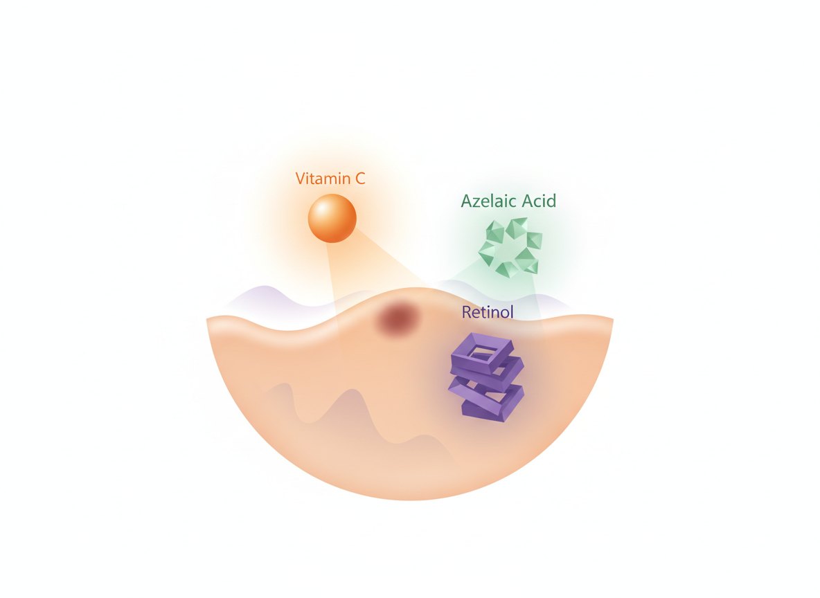 Abstrakcyjna wizualizacja molekuł witaminy C i retinolu działających na skórę z przebarwieniami na twarzy.