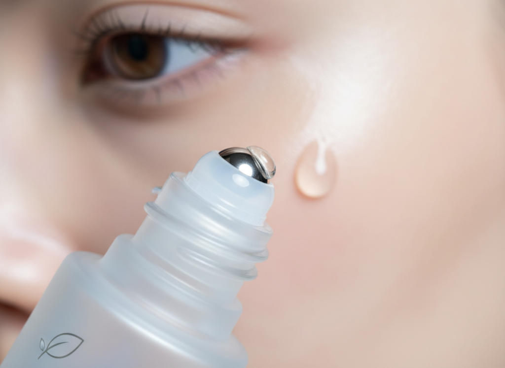 Buteleczka serum pod oczy i nawilżona skóra pod okiem.