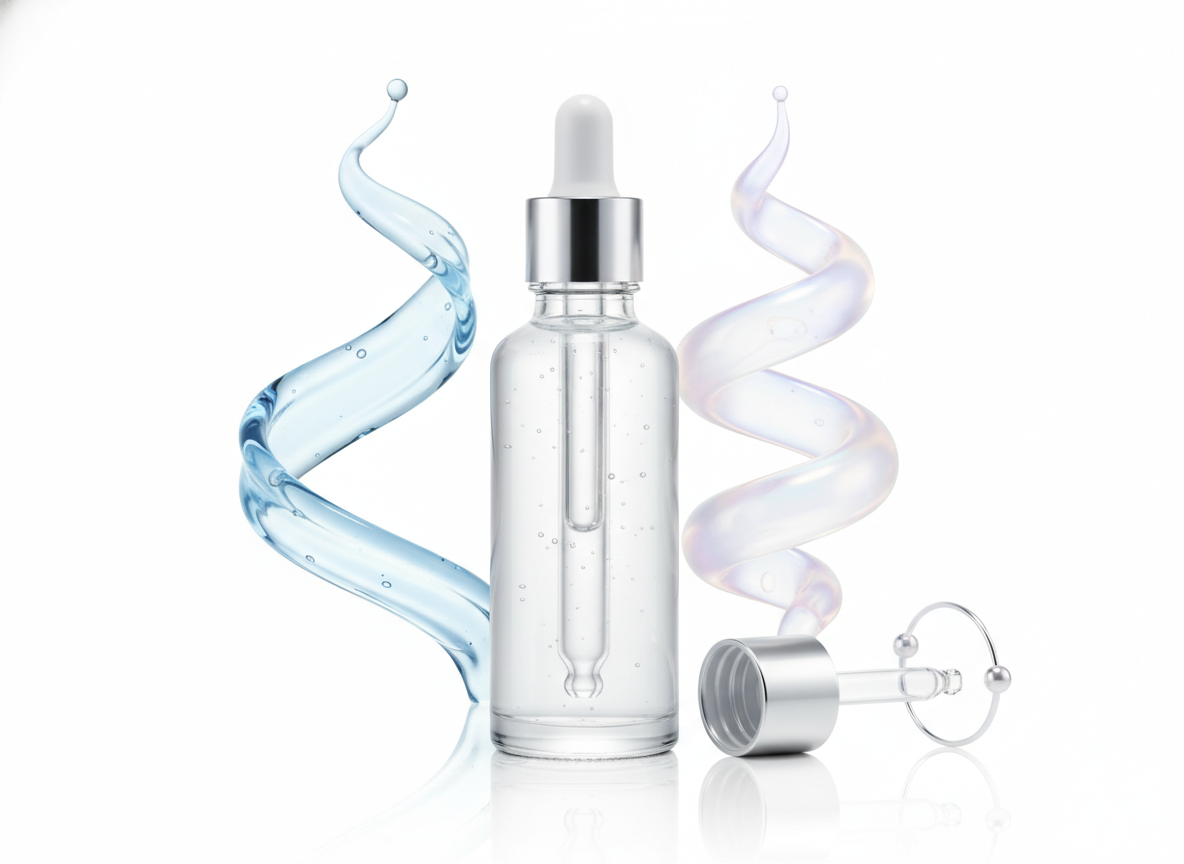 Butelka serum z kwasem hialuronowym, obok różne tekstury i opakowania, symbolizujące świadomy wybór.