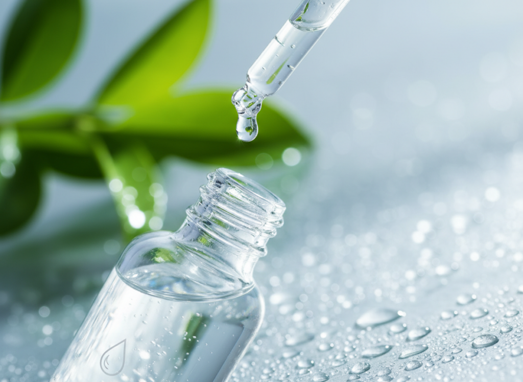 Butelka z esencją do twarzy i kropla produktu.