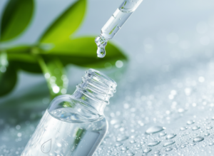 Butelka z esencją do twarzy i kropla produktu.