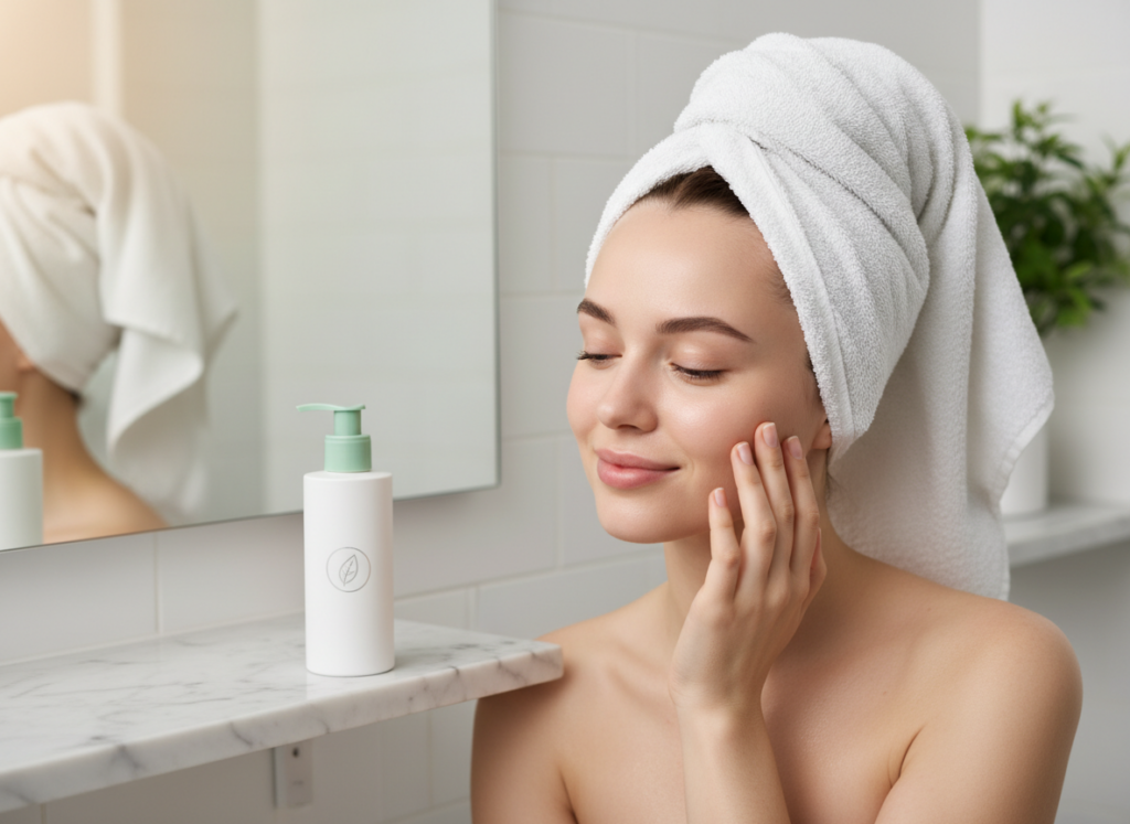 CeraVe emulsja do mycia w białej butelce z pompką obok kobiety z nawilżoną i ukojoną cerą