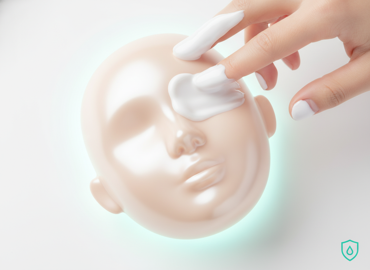 Dłoń aplikująca krem z filtrem SPF na skórę, chroniąc przed przebarwieniami na twarzy.