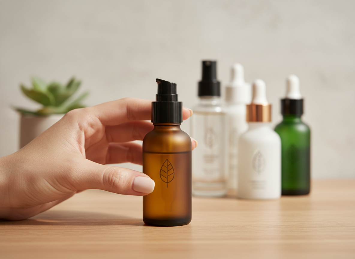 Dłoń delikatnie wybierająca naturalne serum do twarzy, symbolizujące personalizację pielęgnacji cery.