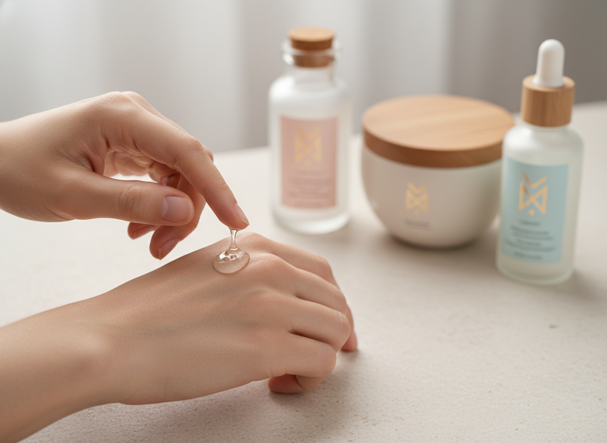 Dłonie delikatnie wklepujące koreańskie serum do twarzy, ilustrujące zasady aplikacji w pielęgnacji.
