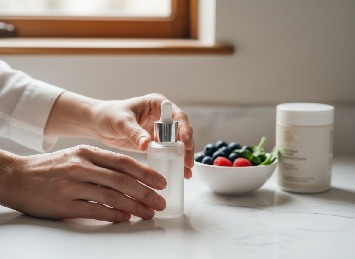Dłonie kobiety stawiające elegancki krem na przebarwienia na twarzy, obok świeże owoce i suplementy.