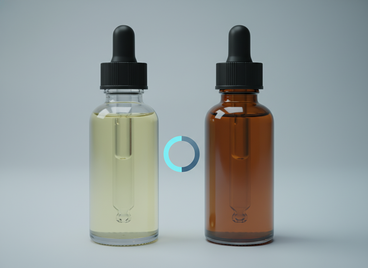 Dwie butelki serum witaminy C na przebarwienia, ukazujące stabilny produkt i jego oksydację.