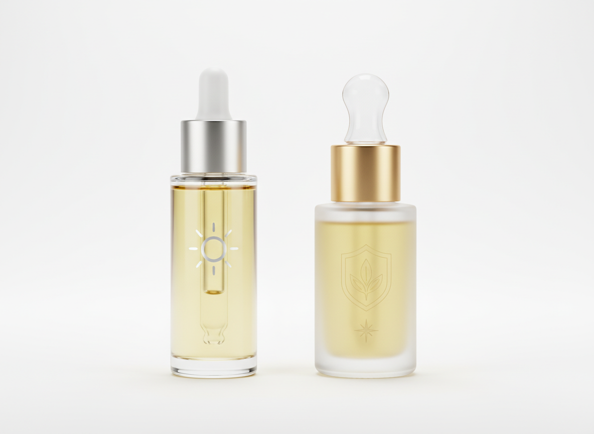 Dwie eleganckie butelki serum witaminą C, symbolizujące porównanie polskich i światowych hitów.