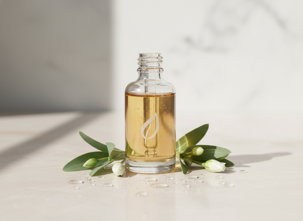 Elegancka butelka naturalnego serum do twarzy otoczona świeżymi zielonymi liśćmi i białymi kwiatami na jasnym tle.