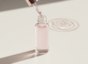 Elegancka butelka serum pod makijaż z pipetą, umieszczona na gładkiej, rozświetlonej powierzchni, gotowa do użycia.