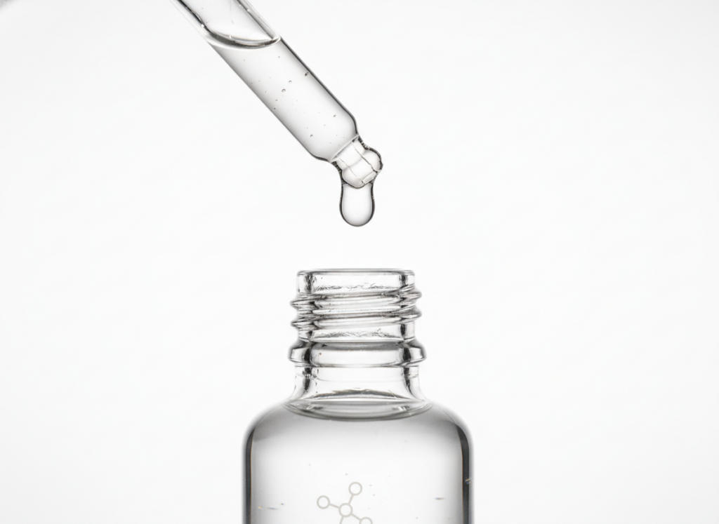 Elegancka butelka z kroplomierzem, z idealną kroplą koreańskiego serum do twarzy, na białym tle.