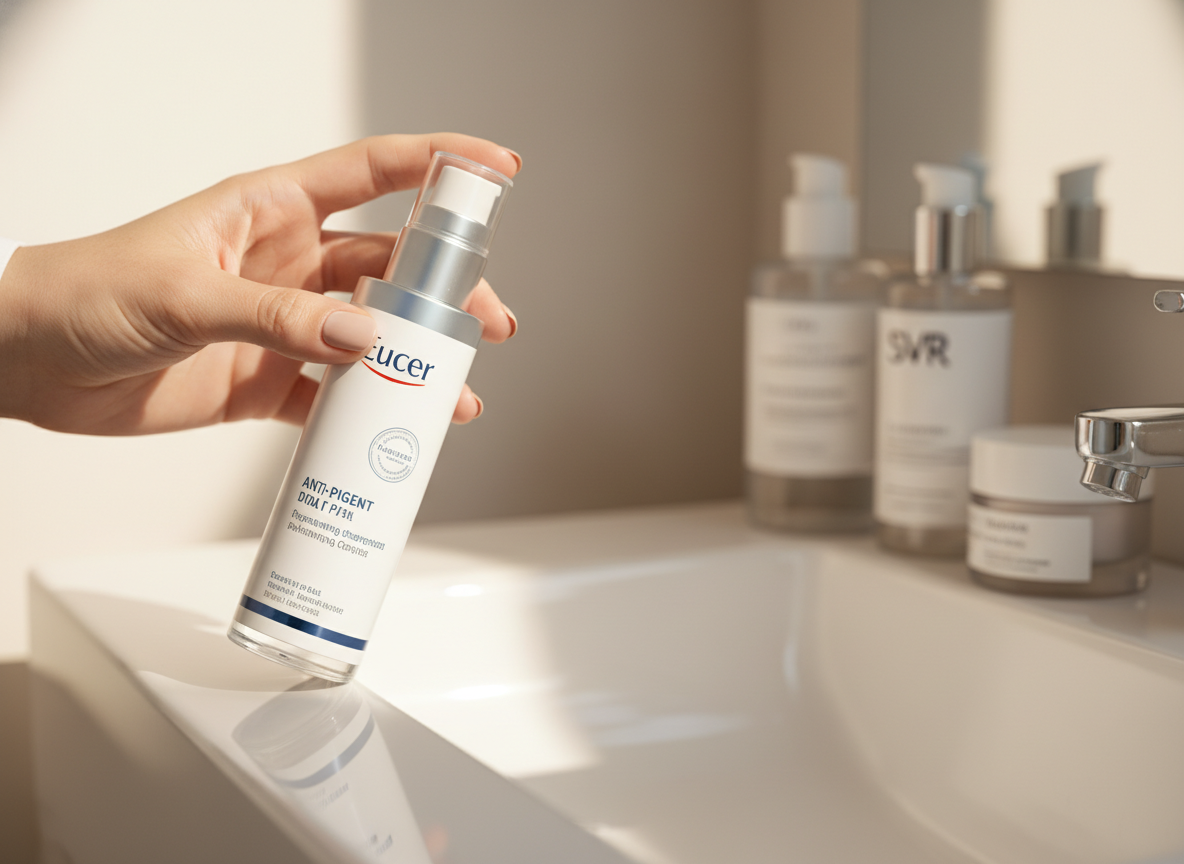 Elegancka dłoń kobiety sięgająca po nowoczesny krem na piegi na minimalistycznej toaletce.