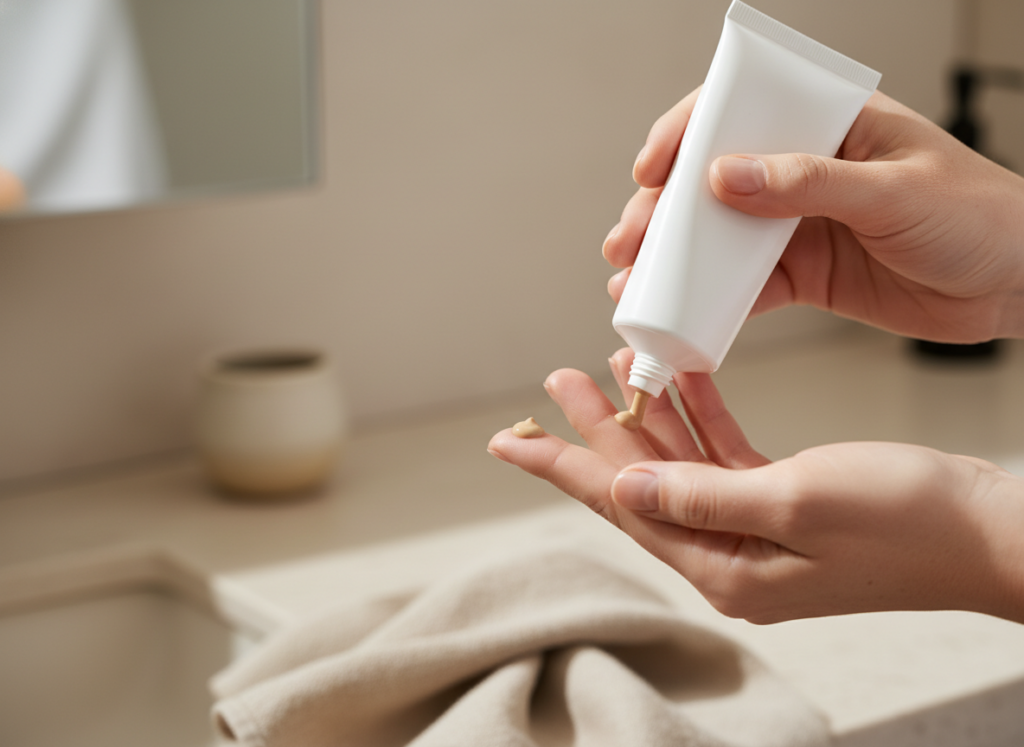 Eleganckie dłonie kobiety delikatnie nakładające luksusowy krem na piegi, na tle nowoczesnej łazienki.