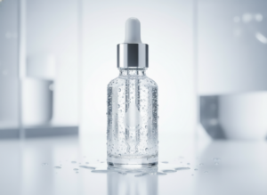Eleganckie, przezroczyste serum z kwasem hialuronowym w butelce z zakraplaczem, otoczone kroplami wody na czystym tle.