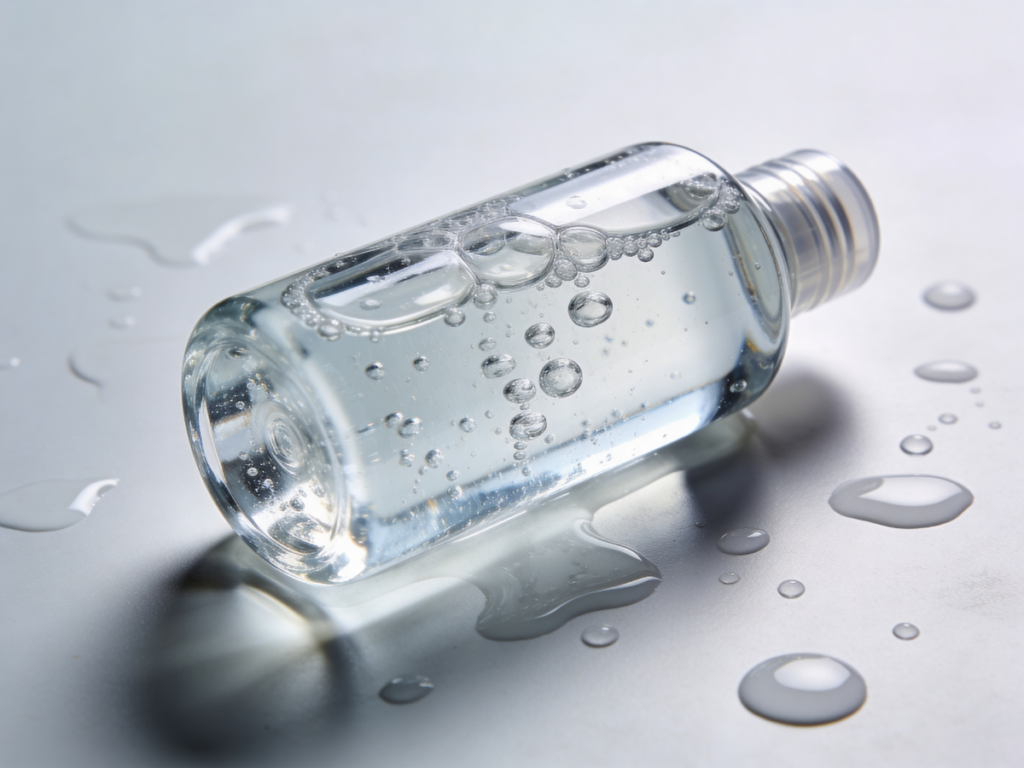 Estetyczna butelka zawierająca płyn micelarny na jasnym tle.