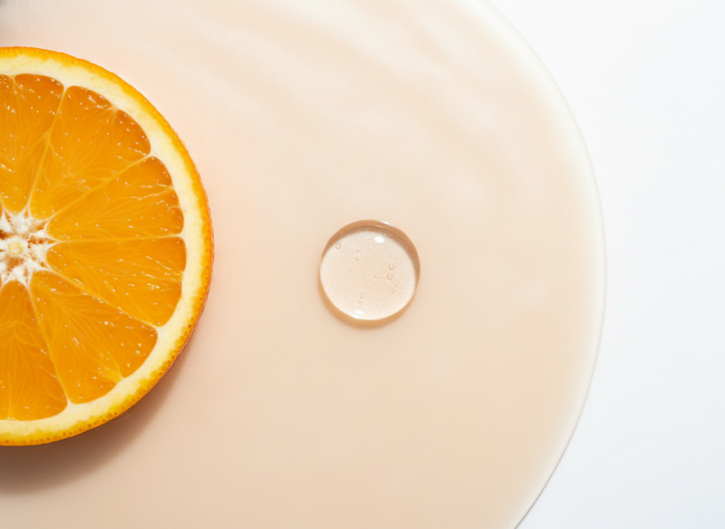 Gładka powierzchnia skóry z plasterkiem pomarańczy i kroplą serum, symbolizujące witaminę C na przebarwienia.