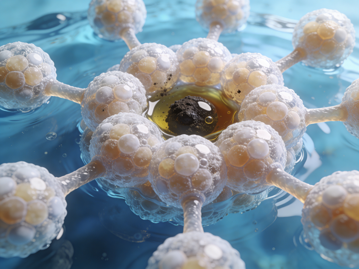 Grafika pokazująca jak cząsteczki miceli w płynie micelarnym przyciągają zanieczyszczenia.