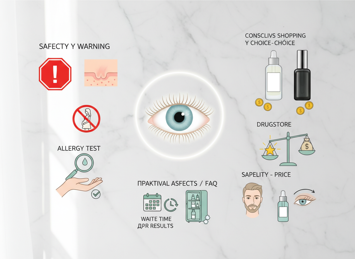 Grafika symbolizująca bezpieczeństwo, świadomy wybór i wskazówki dotyczące stosowania serum pod oczy.