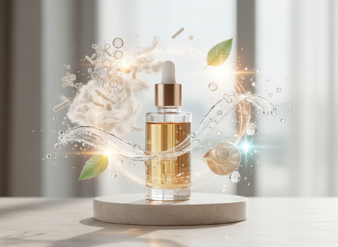 Ilustracja przedstawiająca buteleczkę esencji do twarzy otoczoną symbolami jej kluczowych składników i ich działania.