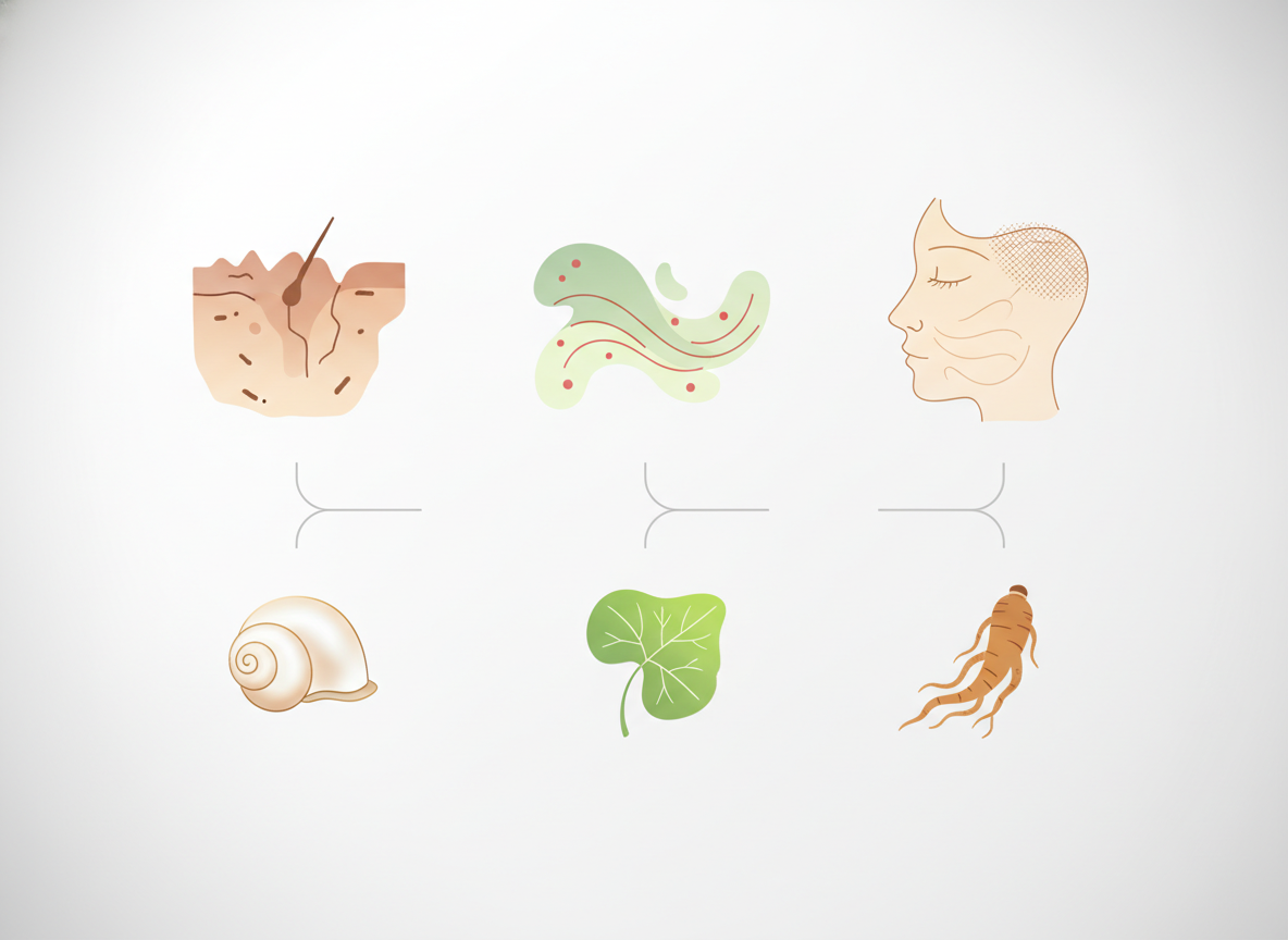 Ilustracja przedstawiająca dobór koreańskiego serum do twarzy do różnych typów cery i potrzeb skóry.