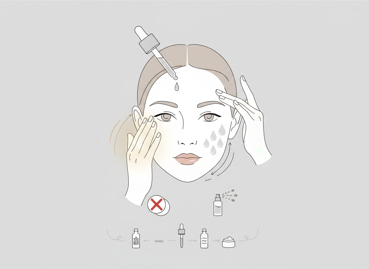 Ilustracja przedstawiająca różne metody aplikacji esencji do twarzy oraz prawidłową kolejność w rutynie pielęgnacyjnej.