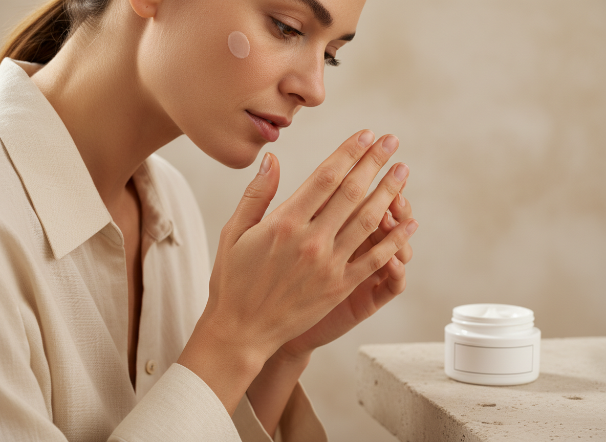 Kobieta delikatnie nakłada krem na przebarwienia na twarzy, dbając o personalizację pielęgnacji.