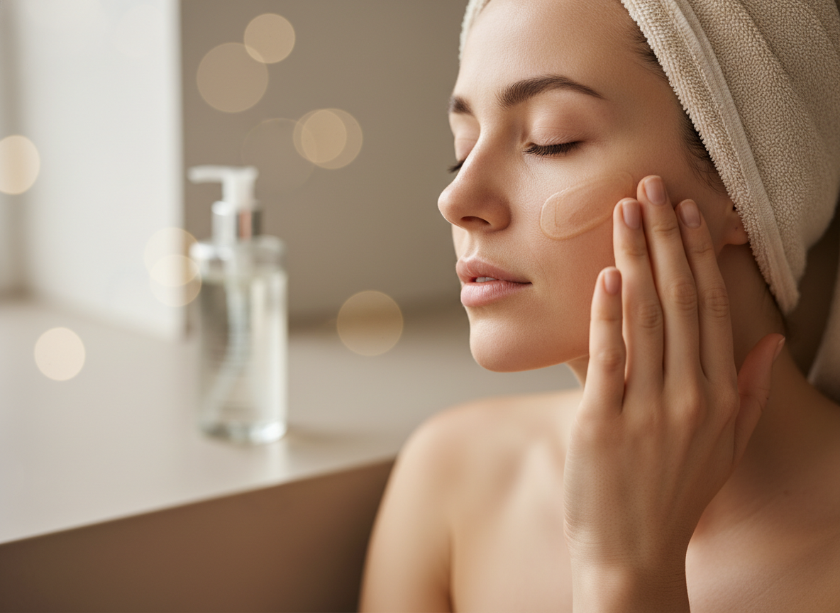 Kobieta delikatnie wmasowuje olejek do demakijażu w skórę twarzy, ciesząc się chwilą pielęgnacji.