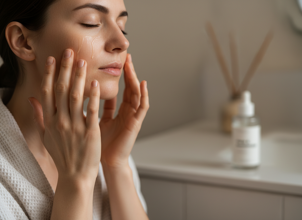 Kobieta delikatnie wmasowuje olejek do demakijażu w skórę twarzy, ciesząc się chwilą relaksu.