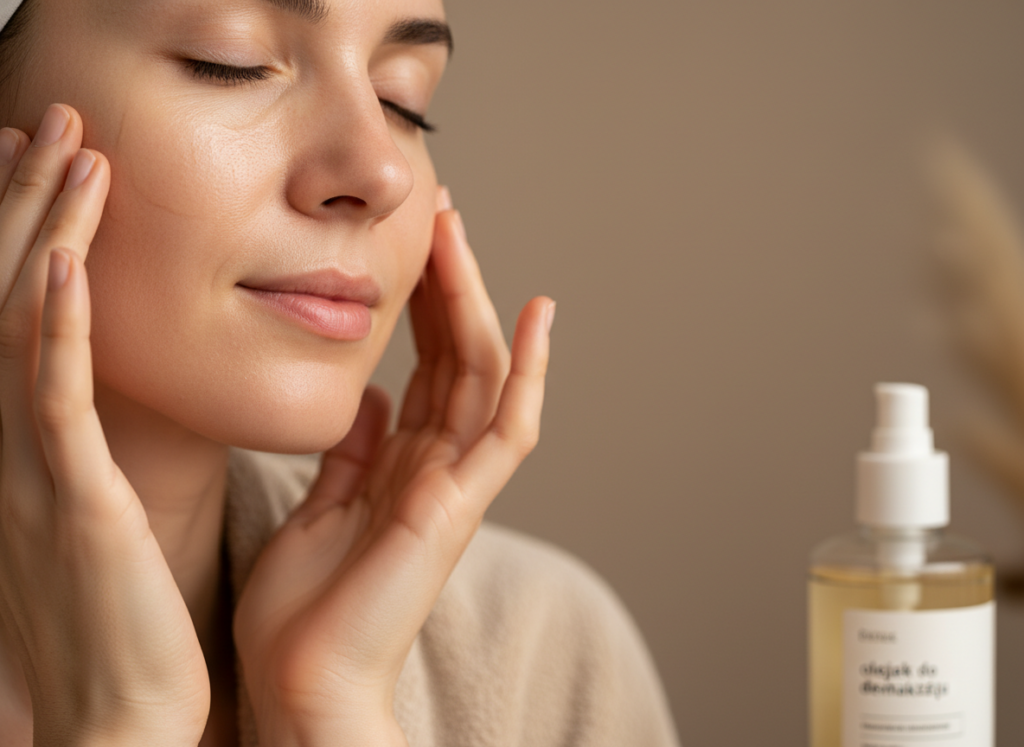 Kobieta delikatnie wmasowuje olejek do demakijażu w skórę twarzy, zrelaksowana, w tle butelka produktu.