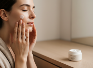 Kobieta z gładką cerą delikatnie aplikuje krem na przebarwienia na twarzy.