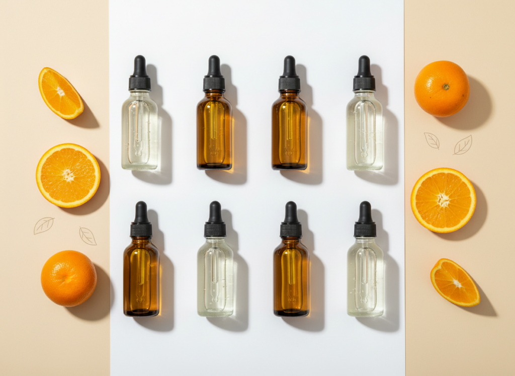 Kolekcja eleganckich butelek serum z witaminą C i świeżych pomarańczy na jasnym tle.