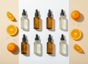 Kolekcja eleganckich butelek serum z witaminą C i świeżych pomarańczy na jasnym tle.