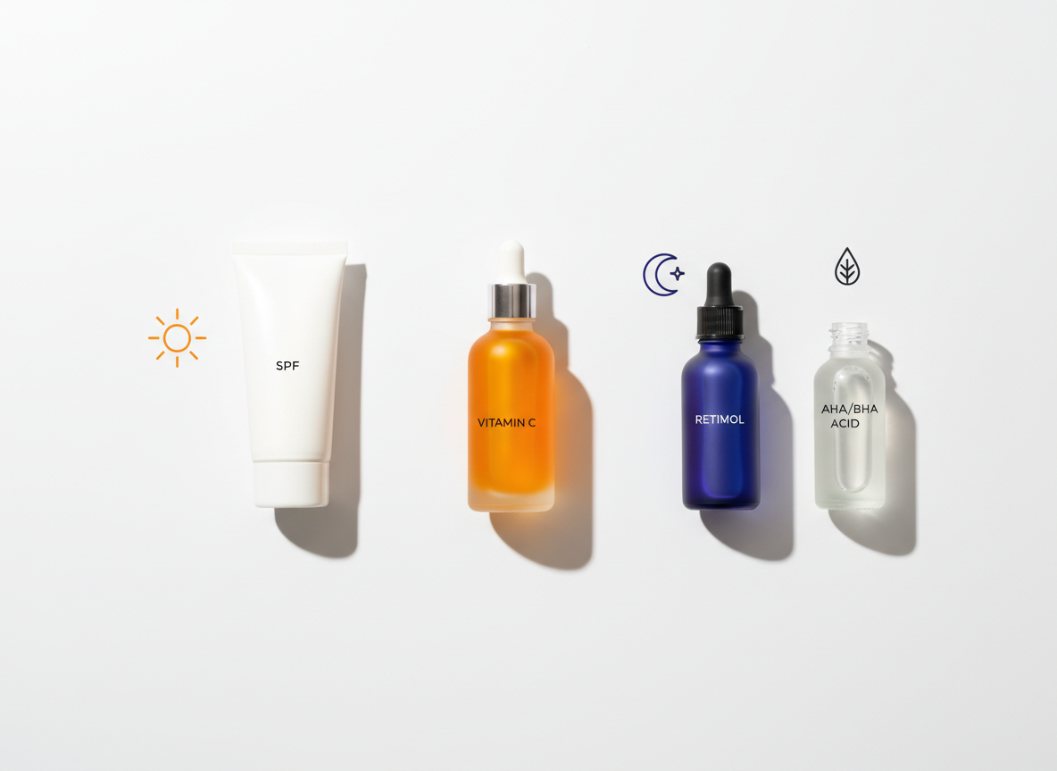 Kompozycja kosmetyków do pielęgnacji: serum z witaminą C, krem SPF, retinol i kwasy, symbolizujące bezpieczne łączenie.