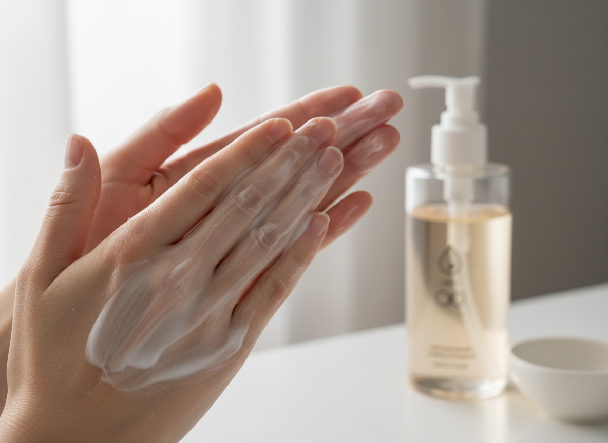 Kremowa konsystencja produktu CeraVe emulsja do mycia nakładana na twarz podczas oczyszczania