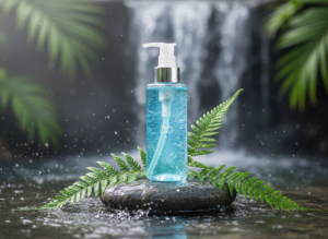 Łagodny naturalny żel do mycia twarzy w butelce z pompką w otoczeniu wody i roślin.