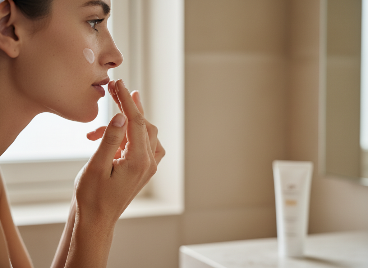 Ręce kobiety starannie aplikują krem na piegi, obok rozmyta butelka SPF.