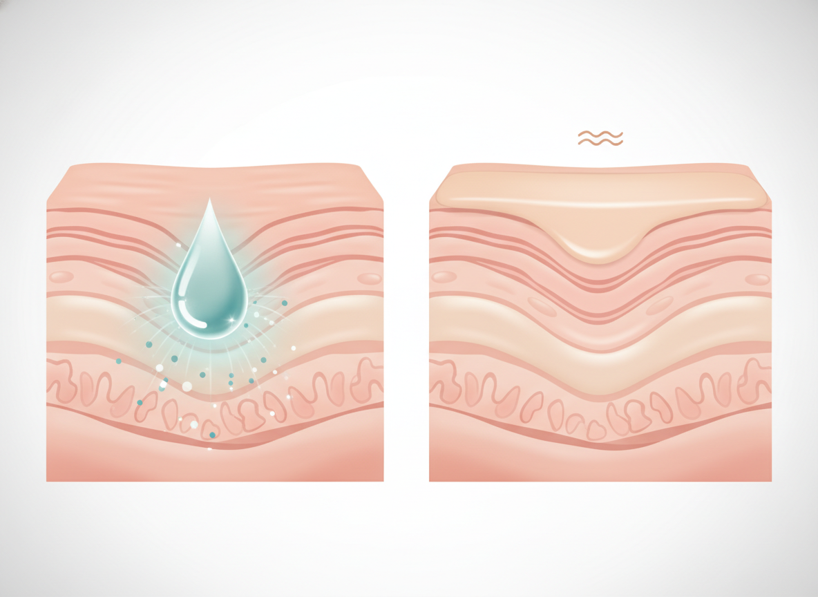 Schematyczne przedstawienie: serum pod makijaż wnika w głąb, baza tworzy powierzchowną warstwę.