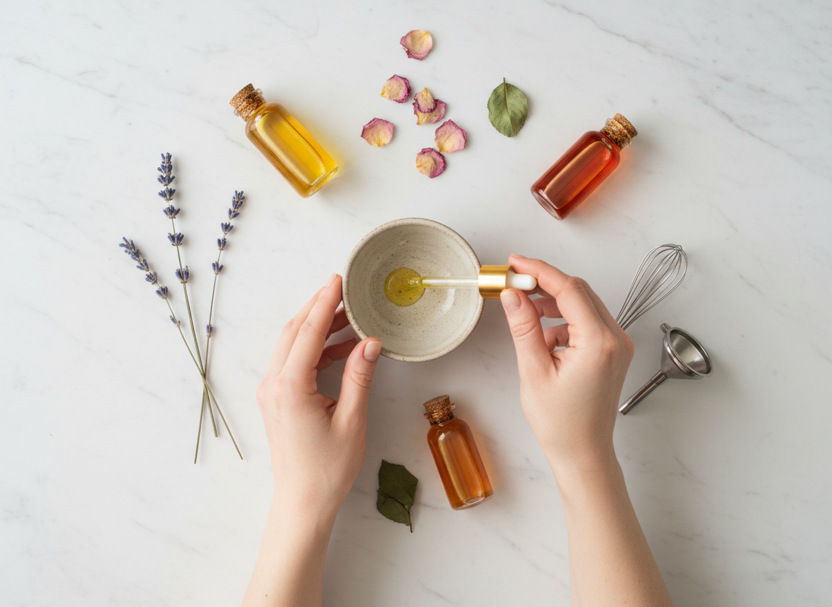 Składniki i narzędzia do samodzielnego przygotowania naturalnego serum do twarzy w domowej kuchni.