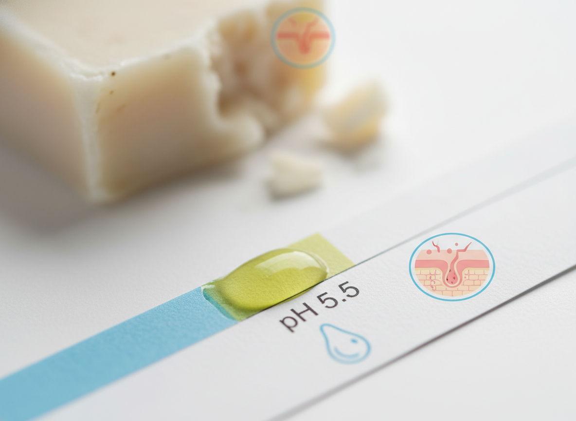 Test pH pokazujący fizjologiczny odczyn, jaki powinien mieć naturalny żel do mycia twarzy.