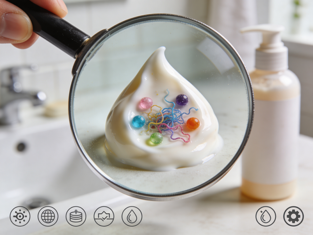 Ukryte cząsteczki plastiku widoczne pod lupą, dlaczego warto wybierać kosmetyki bez mikroplastiku