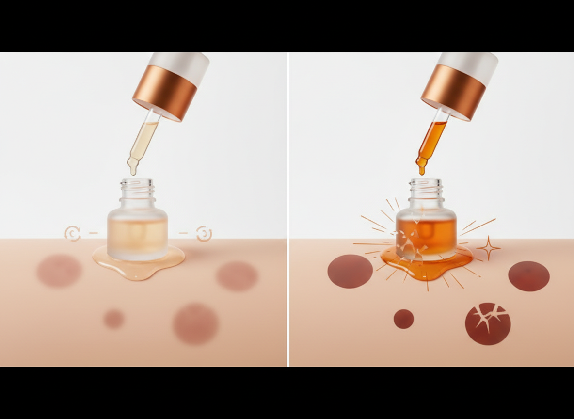 Wizualizacja działania witaminy C na przebarwienia, dopasowanie stężenia do różnych typów plam.