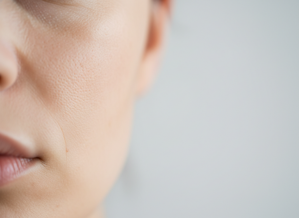 Zbliżenie na fragment skóry twarzy, ukazujące subtelne różnice w kolorycie, symbolizujące przebarwienia na twarzy.