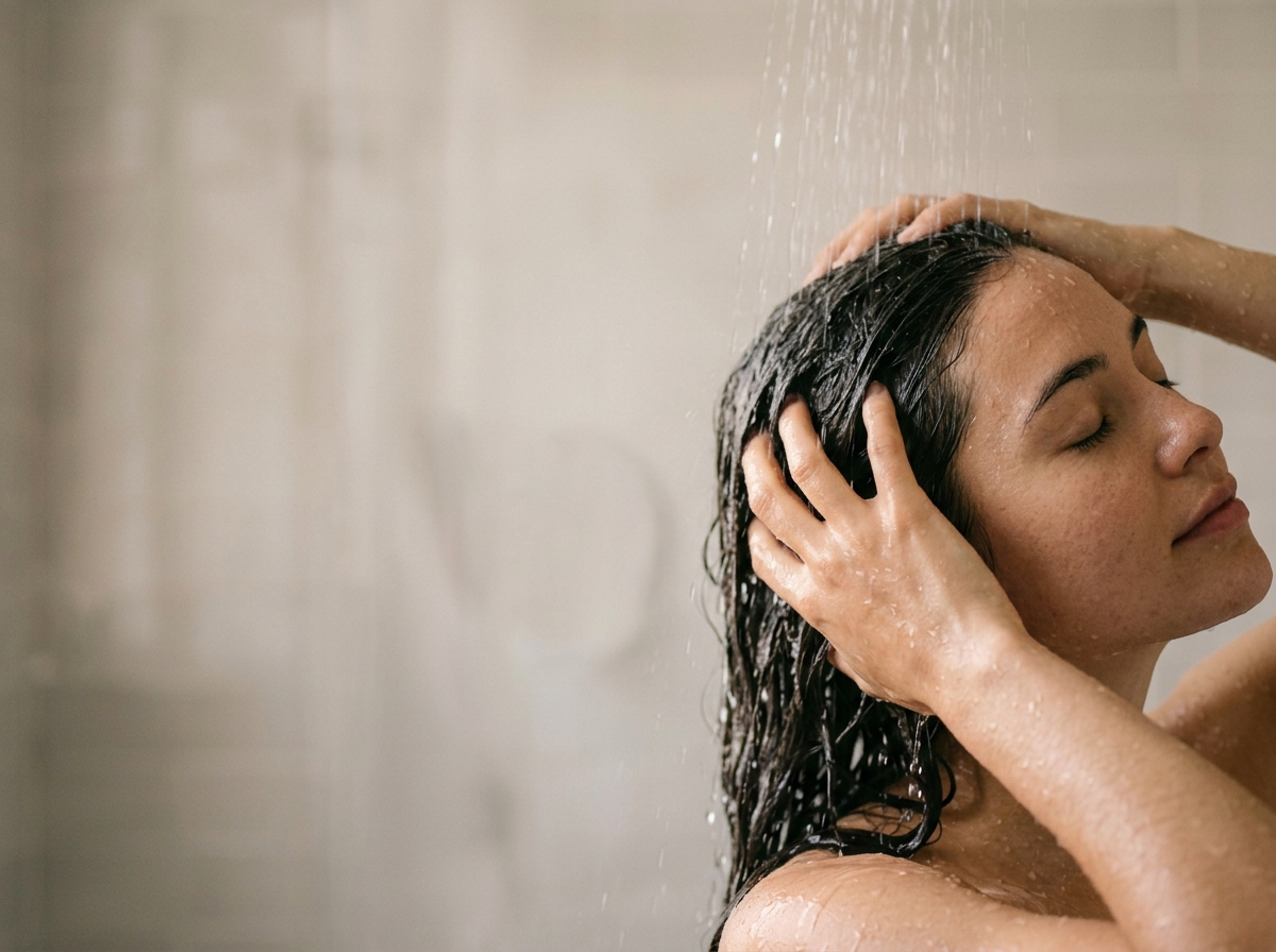 Bliskie ujęcie dłoni delikatnie masujących skórę głowy pod wodą, symbolizujące ulgę dzięki naturalnemu szamponowi do włosów.
