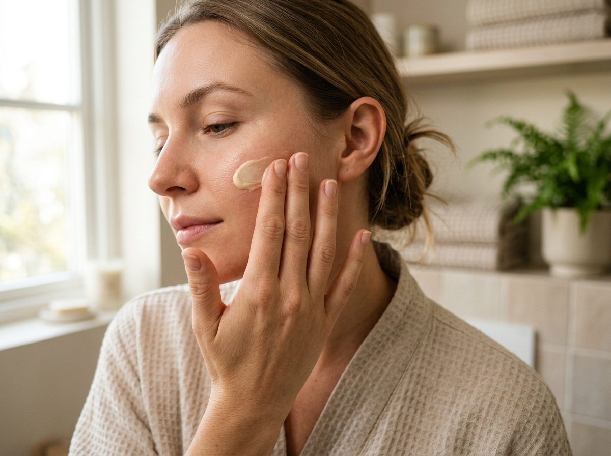 Bliskie ujęcie dłoni delikatnie nakładających krem nawilżający na zdrową skórę twarzy, symbolizujące świadomą pielęgnację skincare.