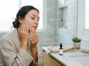 Delikatne dłonie aplikujące produkt do pielęgnacji twarzy w naturalnym, ciepłym świetle.