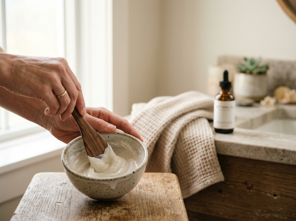 Delikatne dłonie mieszające białą glinkę kaolinową w ceramicznej miseczce, przygotowujące maseczkę.