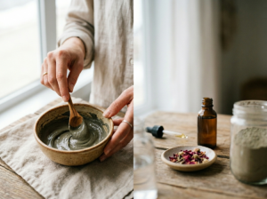 Delikatne dłonie mieszające proszek naturalnych glinek z wodą w ceramicznej miseczce, przygotowując maseczkę.