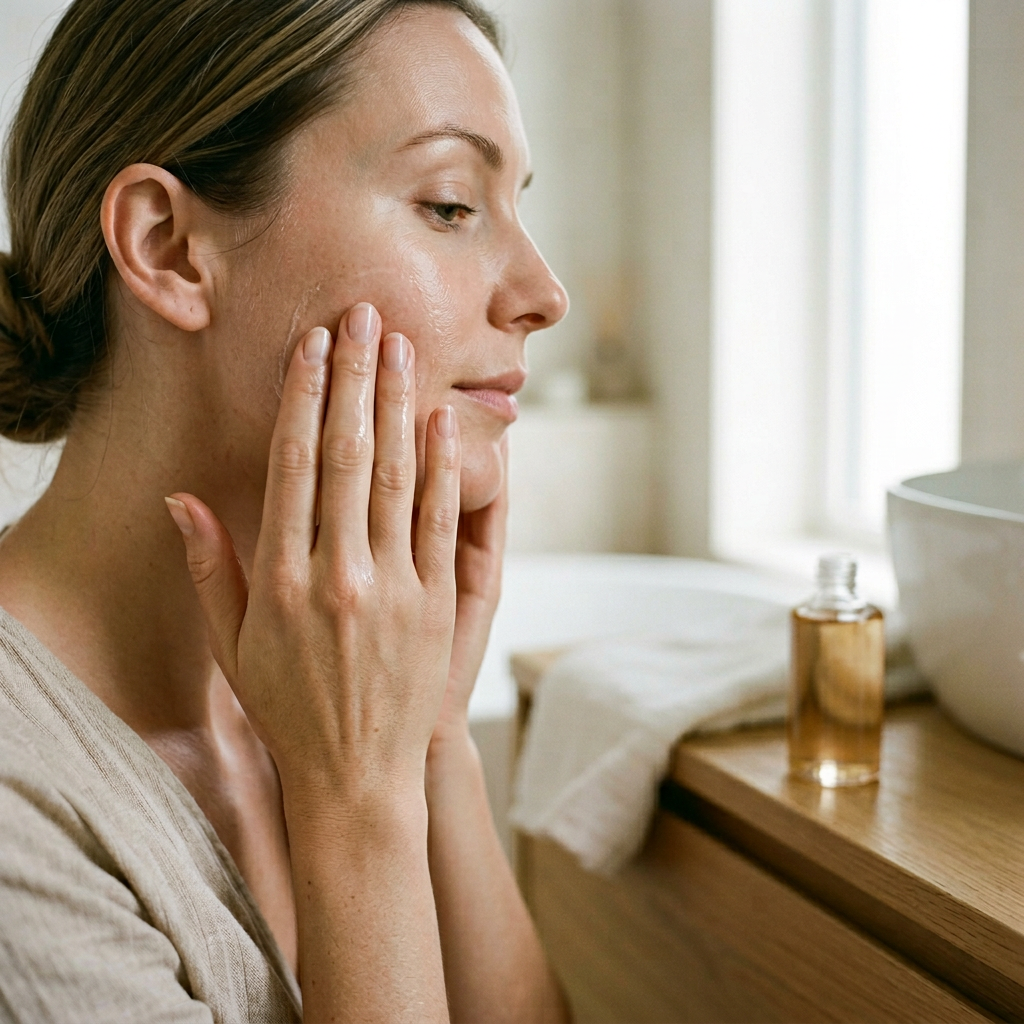 Delikatne dłonie wmasowujące olejek do mycia twarzy w gładką skórę, otoczone miękkim światłem.