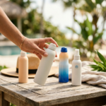 Dłoń sięga po spray SPF 50, z innymi produktami w tle, na słonecznej plaży.