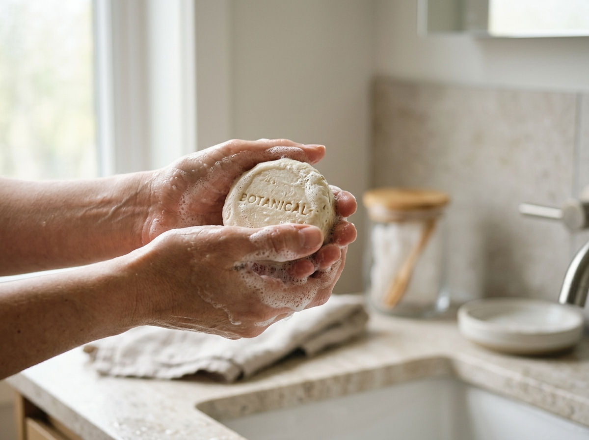 Dłonie delikatnie spieniające naturalny szampon do włosów w kostce w nowoczesnej łazience.